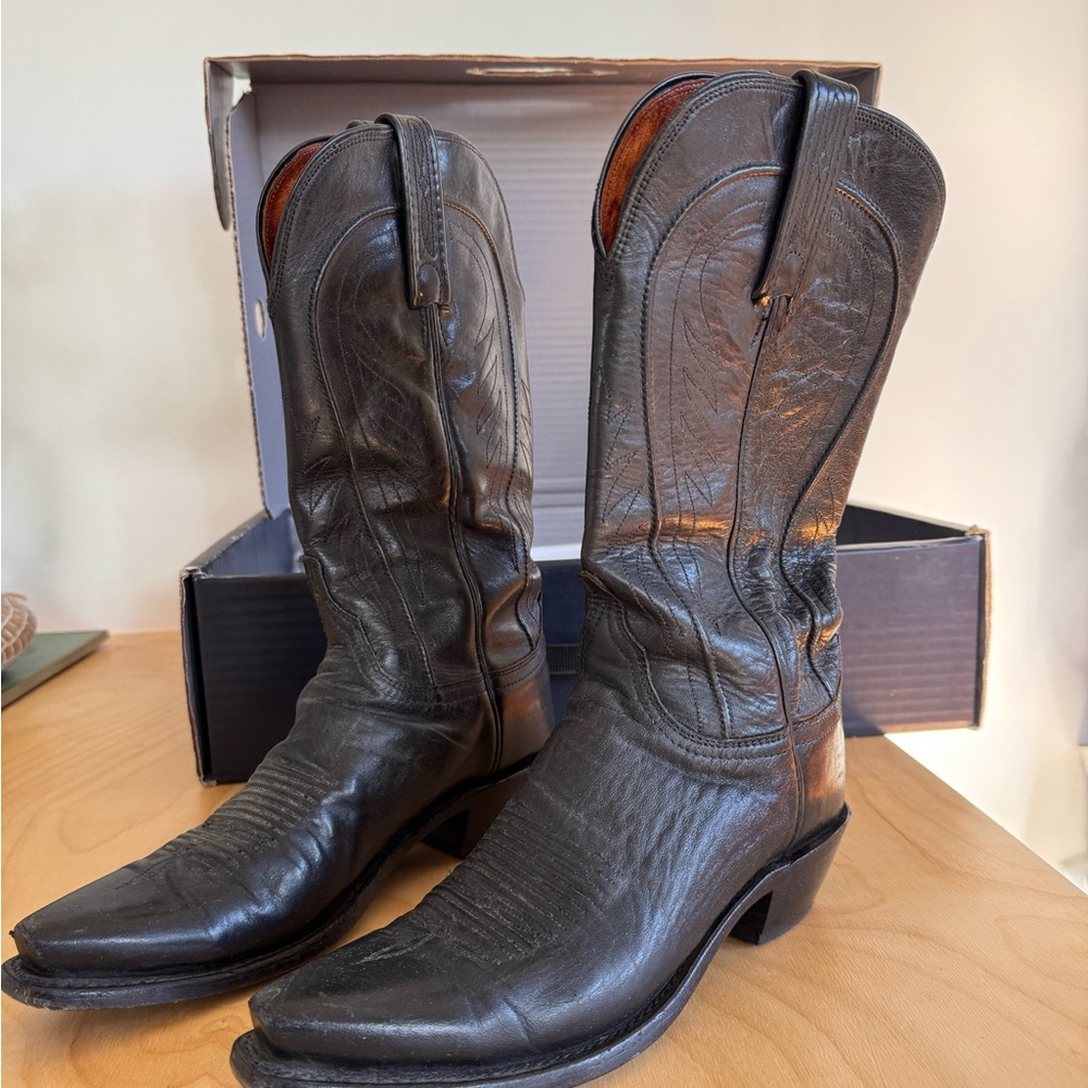 Lucchese Black Leather Cowboy Boots